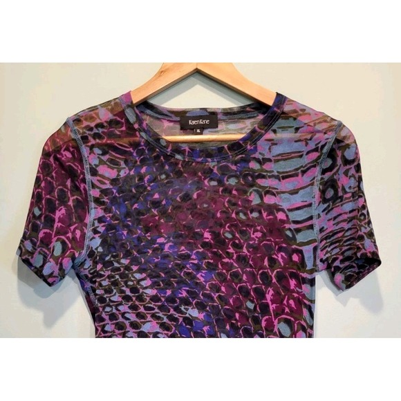 Sheer Mesh Stretch Purple Teal Geometric Short Sleeve Fitted Top Sz XL - Picture 2 of 7